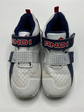 And1 White and Navy Kids Velcro Athletic Sneakers with Red Accents